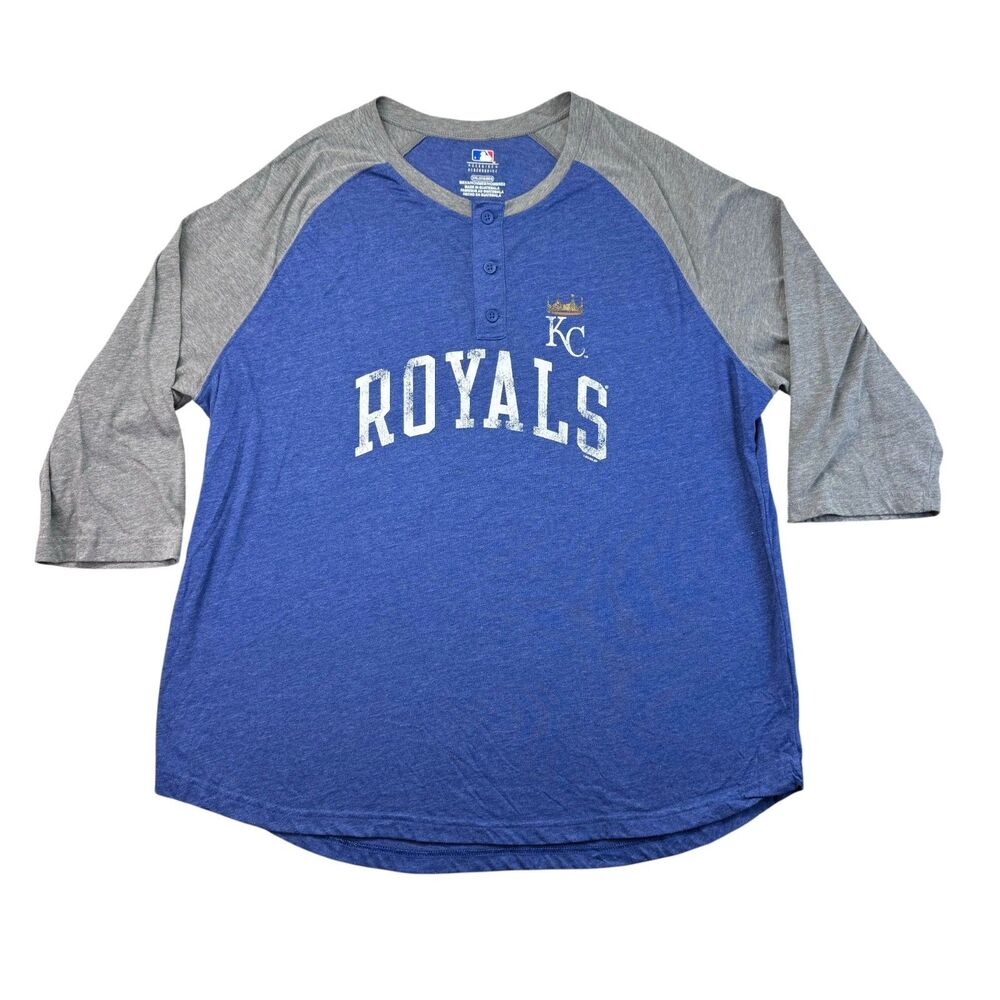 Kansas City Royals Shirt Men's XXL Blue Gray Henley Long Sleeve Button Up MLB